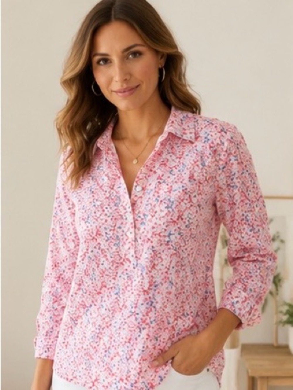 Style & Co Pink Floral Popover Blouse Petite Small PS Long Sleeve Shirt